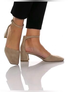 Pelle Moda Suede Ankle-Strap Block Heels in Beige Taupe